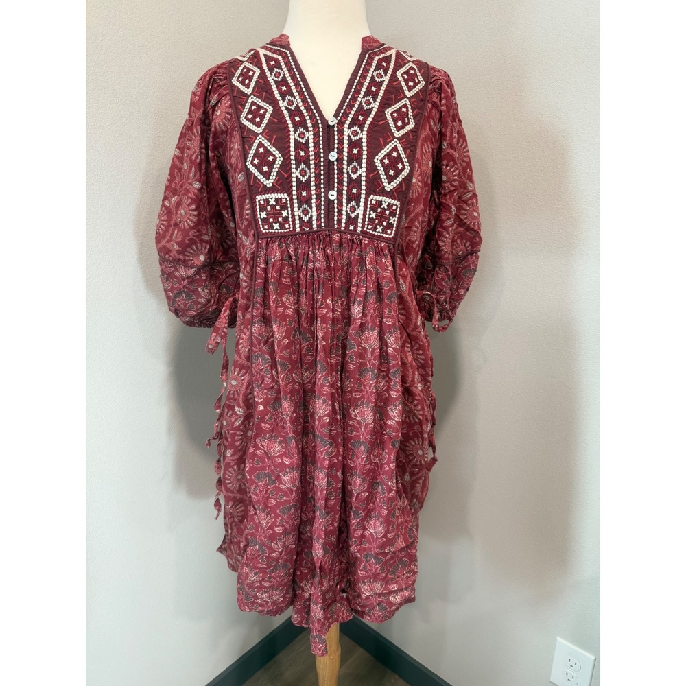 Sundance XS Burgundy Floral Embroidered Beaded Boho Peasant Dress Cotton Pockets